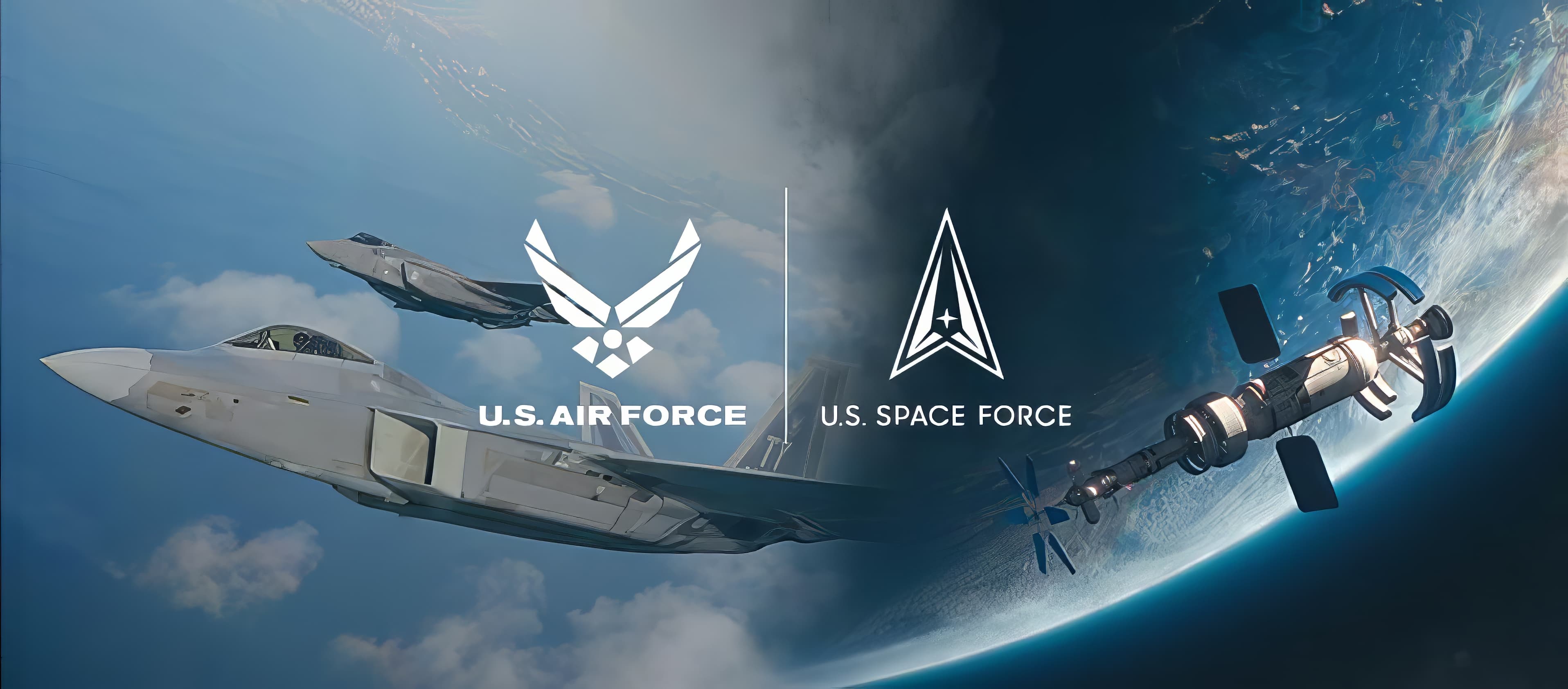 The United States Air Force and United States Space Force marks side by side, with fighter aircraft above the clouds on the left and a satellite in orbit above Earth on the right.