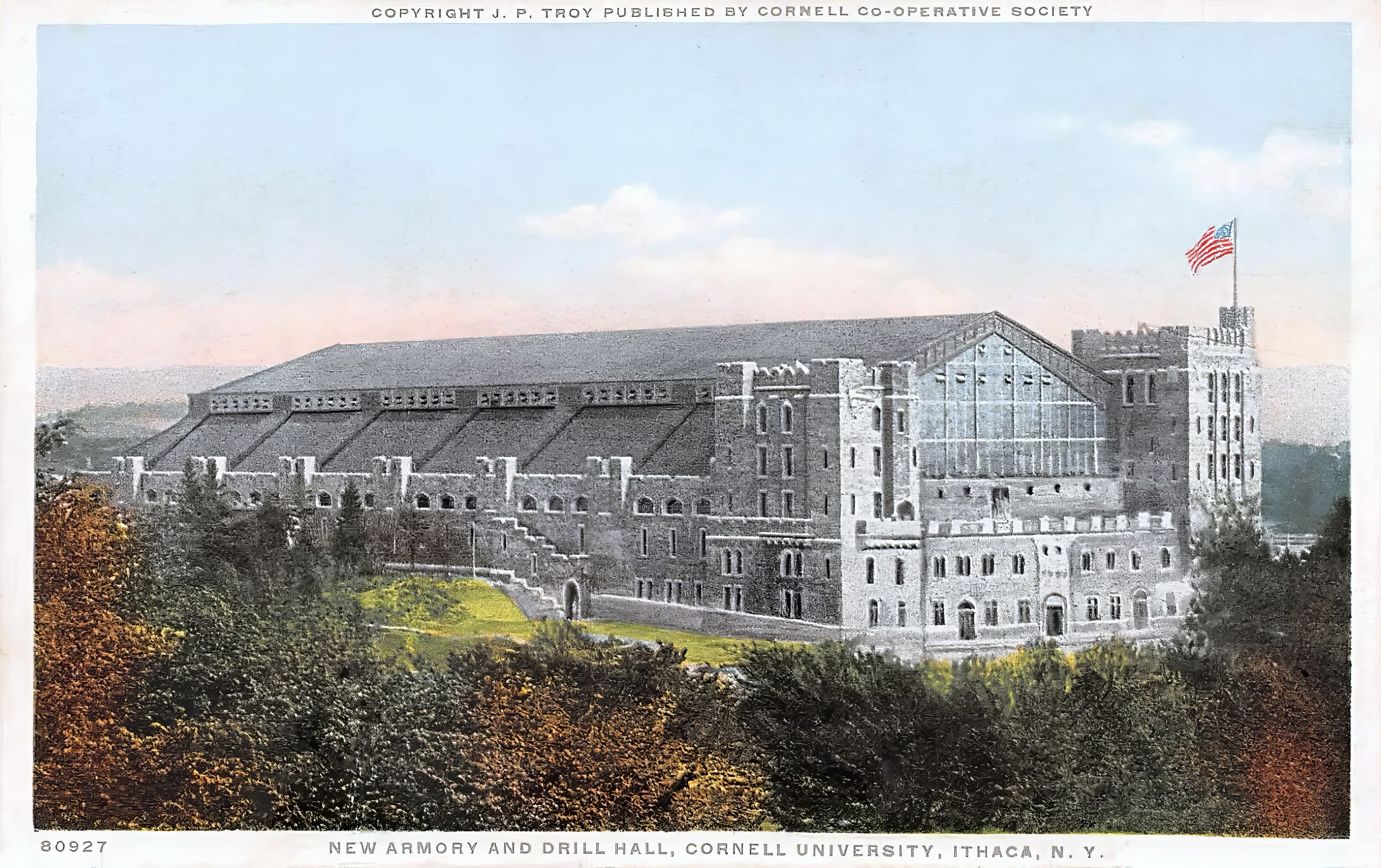 A color postcard illustration captioned New Armory and Drill Hall, Cornell University, Ithaca, N.Y.